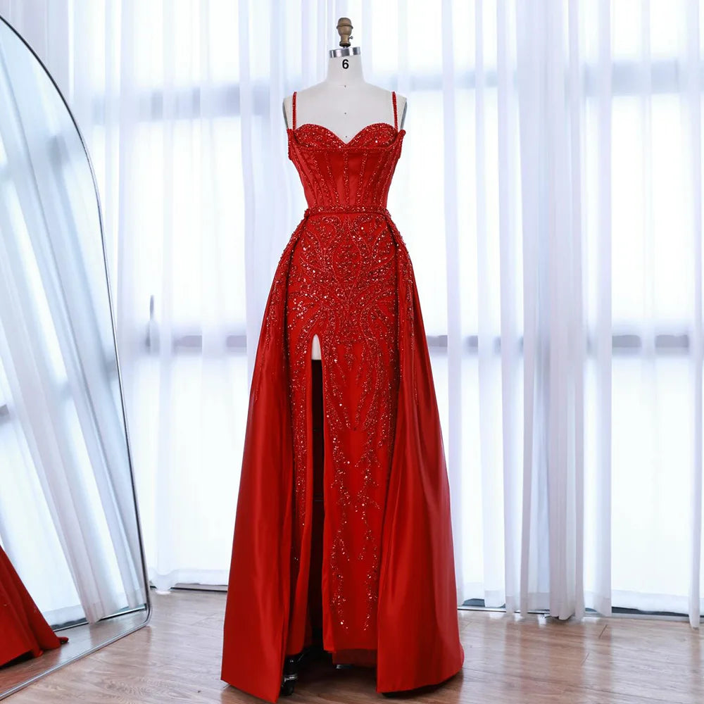 Luxury Red Beaded High Slit Evening Gown with Overskirt LA72936 - SERENE HILL