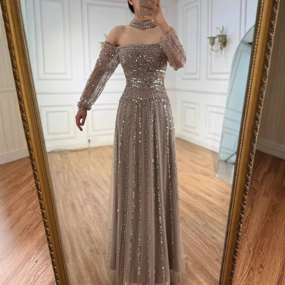 Luxury Caramel Off Shoulder Beaded Mermaid Evening Dress Long Sleeves LA73053 - SERENE HILL