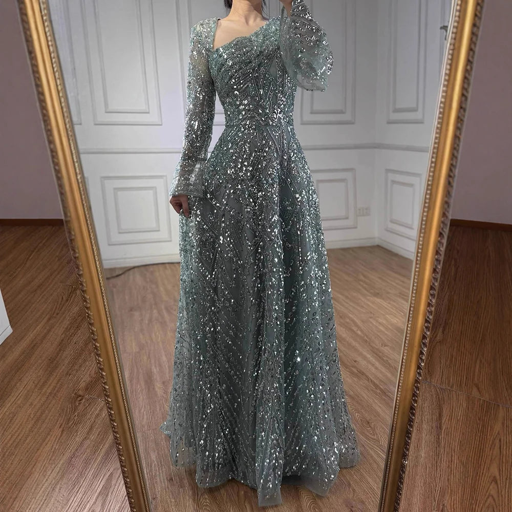 Luxury Turquoise Beaded A-Line Evening Dress with Puffy Sleeves LA73177 - SERENE HILL