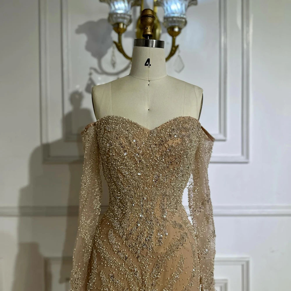 Luxury Beaded Evening Dress Off-Shoulder Long Sleeves Sequins LA72824A - SERENE HILL