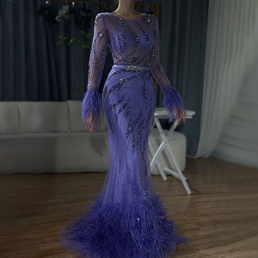 Serene Hill Elegant Mermaid Evening Dress Arabic Purple Beaded Feathers | Luxury Gown for Women&