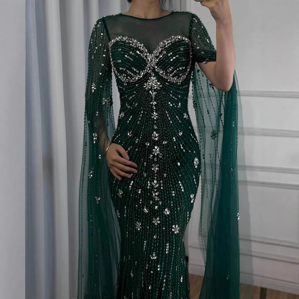 Luxury Green Beaded Mermaid Dress with Cape Sleeves LA73115 - SERENE HILL