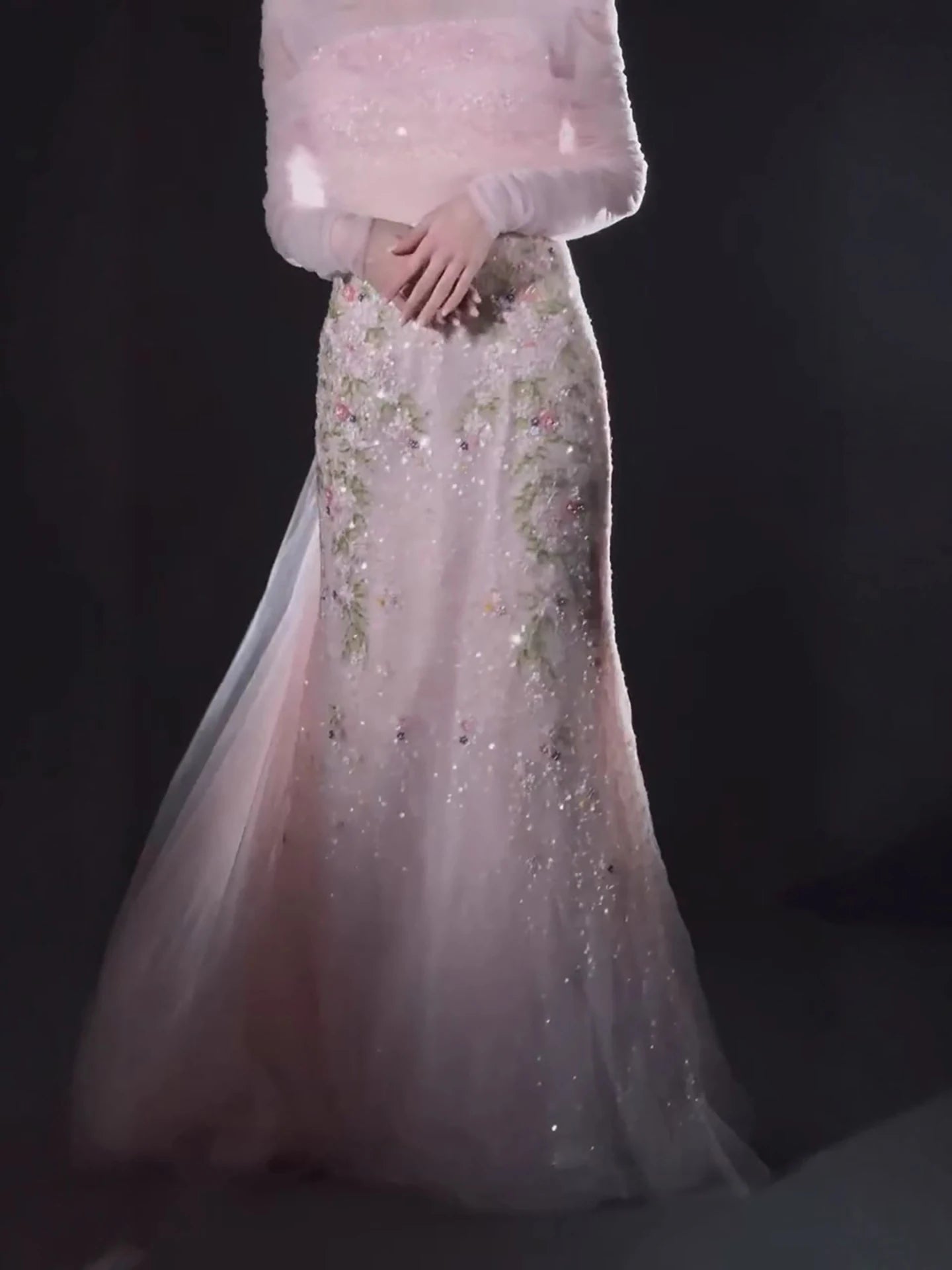 Luxury Pink Beaded Mermaid Evening Dress with Sheer Cape LA73346 - SERENE HILL