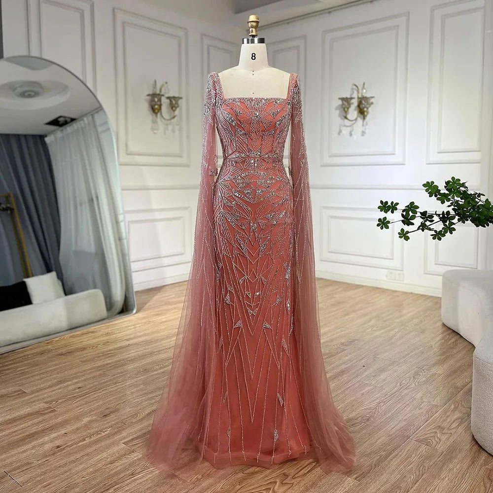Nude Pink Luxury Evening Dresses with Cape Sleeves LA72261 - SERENE HILL