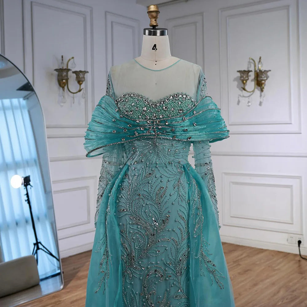 Luxury Blue Designer Evening Dress with Long Sleeves Overskirt LA72841 - SERENE HILL