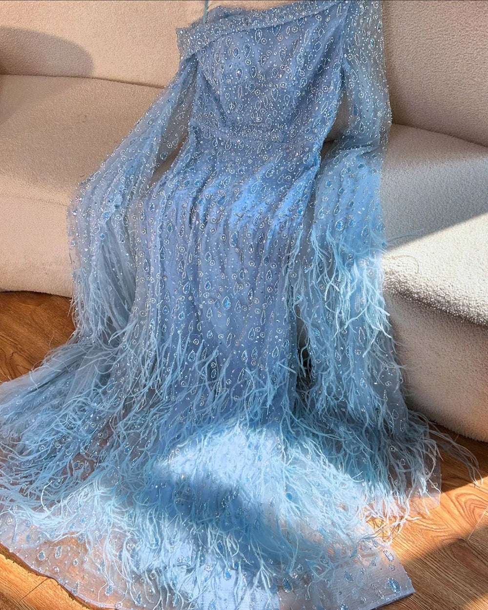 Luxury Feather One Shoulder Evening Dress with Cape Sleeves LA72763 - SERENE HILL