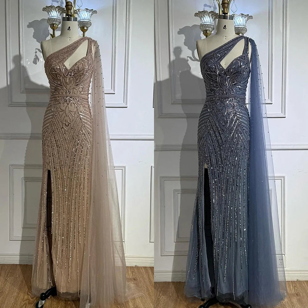 Luxury Caramel Beaded Mermaid Evening Dress with One Shoulder Cape LA73085 - SERENE HILL
