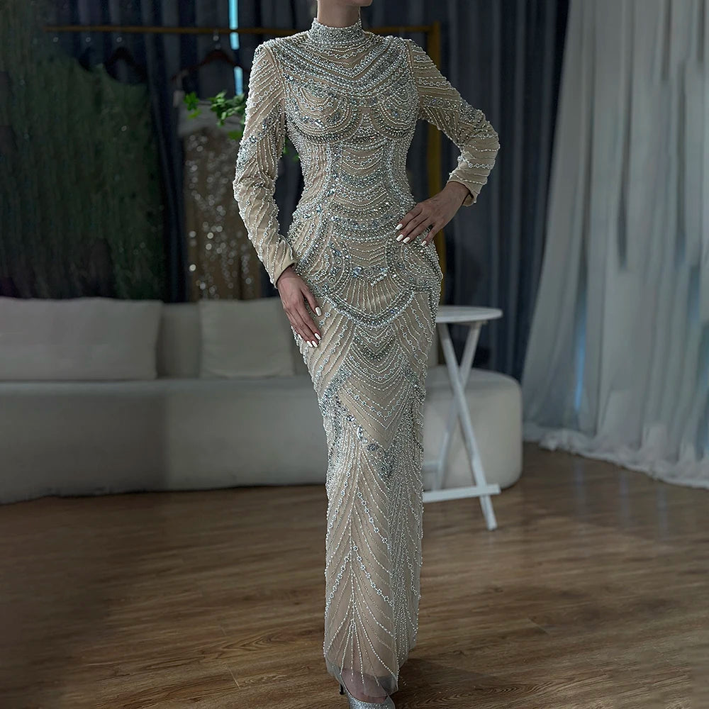 Serene Hill 2025 Muslim Nude Elegant Mermaid High Split Beaded Luxury Evening Dresses Gowns For Women Wedding Party LA72091L Nude / 4