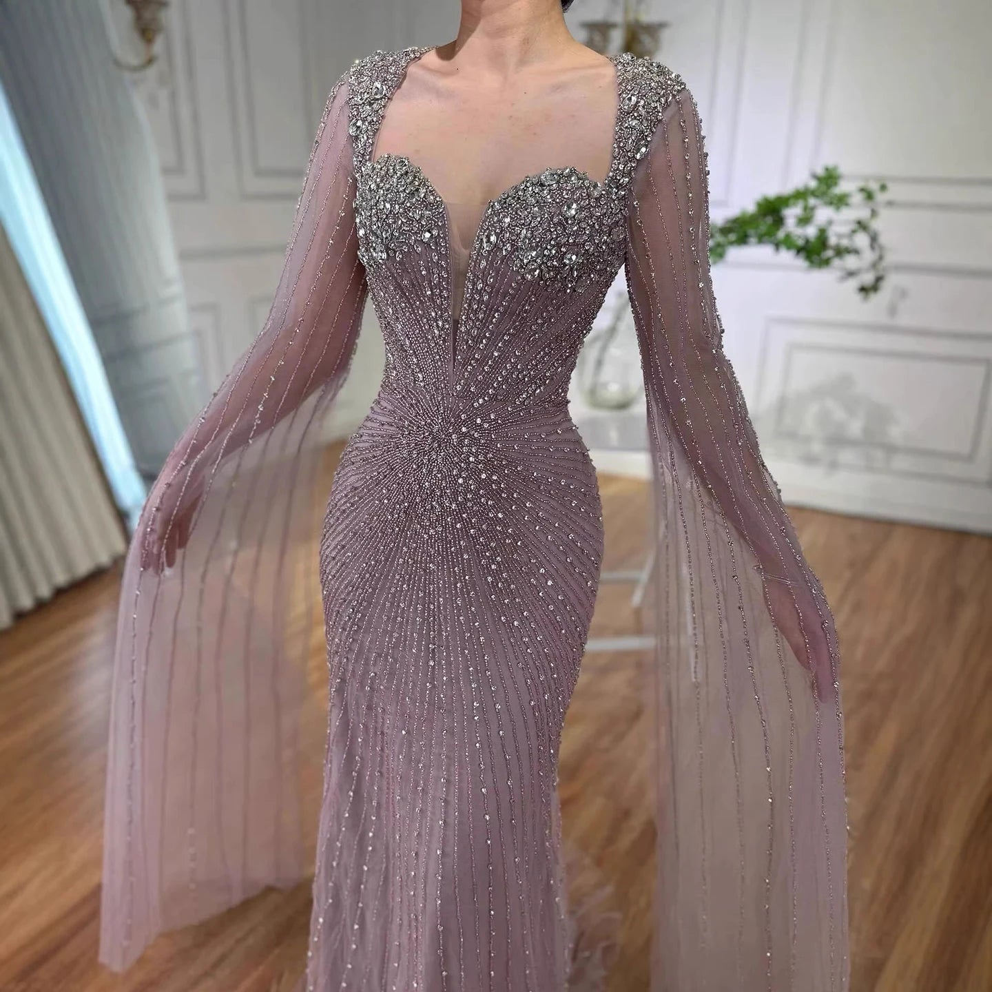 Luxury Caramel Crystal Beaded Mermaid Evening Dress with Cape LA72575D - SERENE HILL