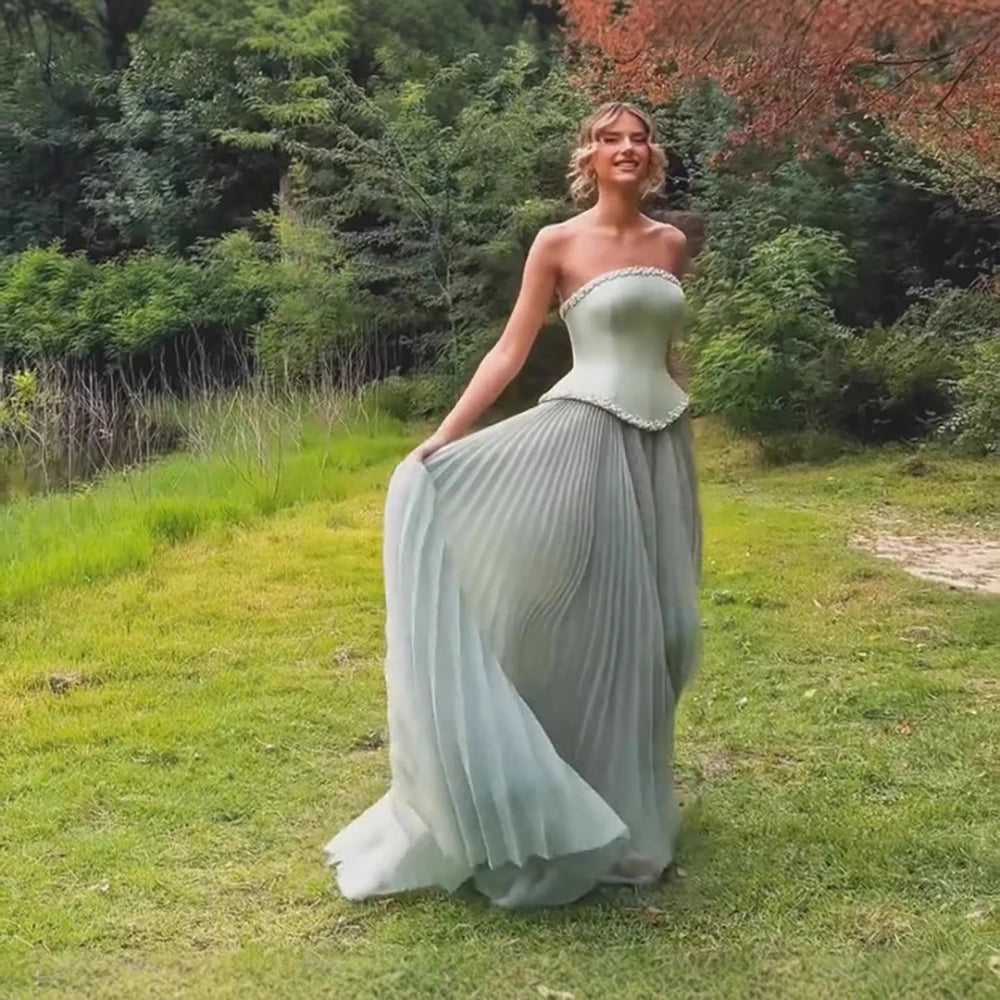 Luxury Sage Green A-Line Crystal Beaded Evening Dress LA73169A - SERENE HILL