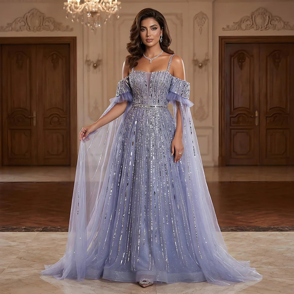 Serene Hill 2025 Arabic Blue A-Line Elegant Beaded Luxury Evening Gowns for Women with Detachable Cape Sleeves Party LA72638 - SERENE HILL