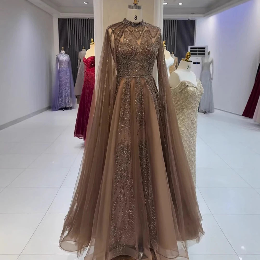 Luxury Brown Beaded Evening Gown with Cape Arabic Style LA72951 - SERENE HILL