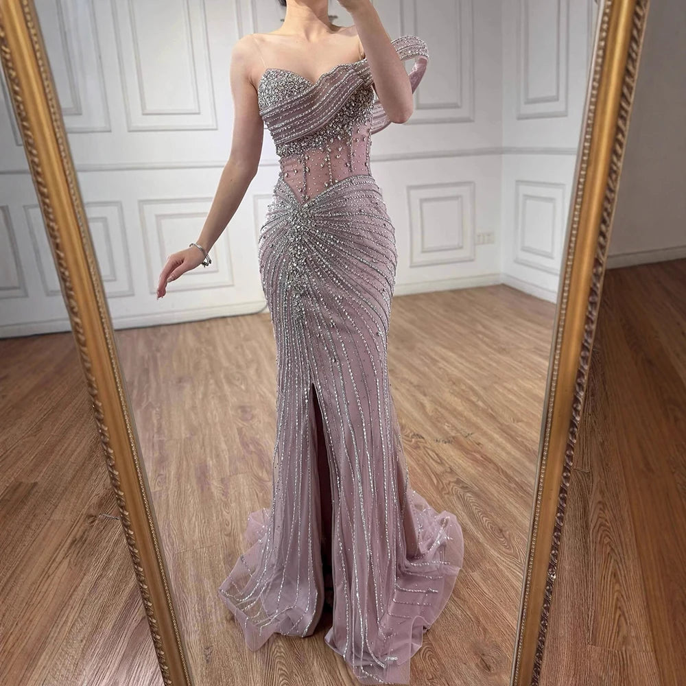 Luxury Pink Crystal One Shoulder Beaded Evening Dress Split LA73197 - SERENE HILL