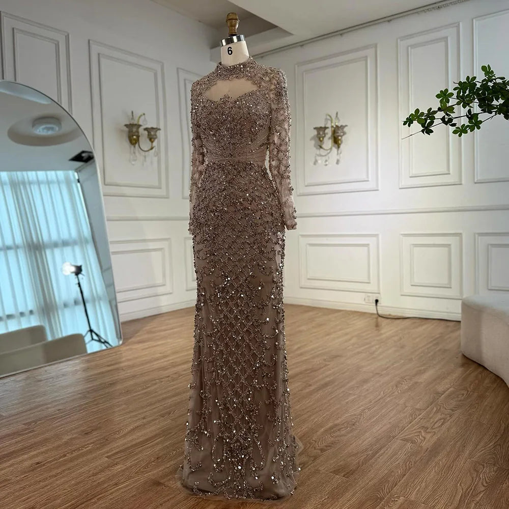 Caramel Beaded High Neck Mermaid Evening Dress Plus Size LA71747A - SERENE HILL