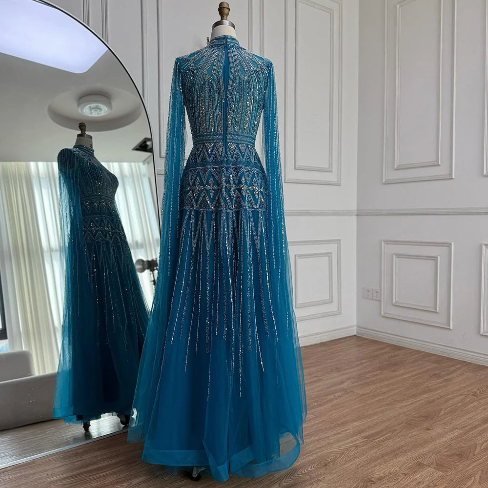 Luxury Arabic Blue Beaded Evening Dress with Cape Sleeves LA73187 - SERENE HILL