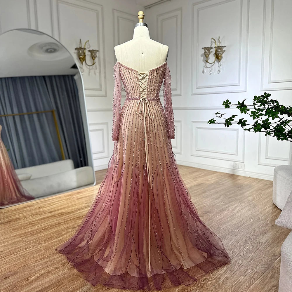Luxury Dubai Arabic Purple Elegant A-Line Beaded Long Evening Dresses Gowns for Formal Occasion LA72752 - SERENE HILL