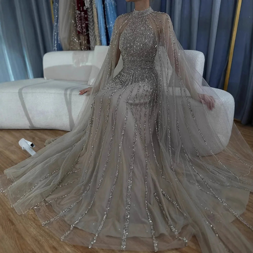 Luxury Caramel A-Line Cape Sleeve Beaded Evening Dress LA72306B - SERENE HILL