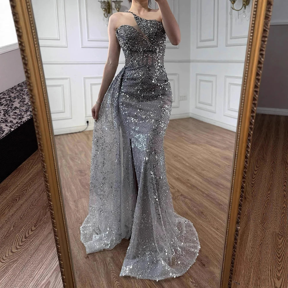 Luxury Silver Gray Crystal Beaded One Shoulder Evening Dress with Overskirt LA73160 - SERENE HILL
