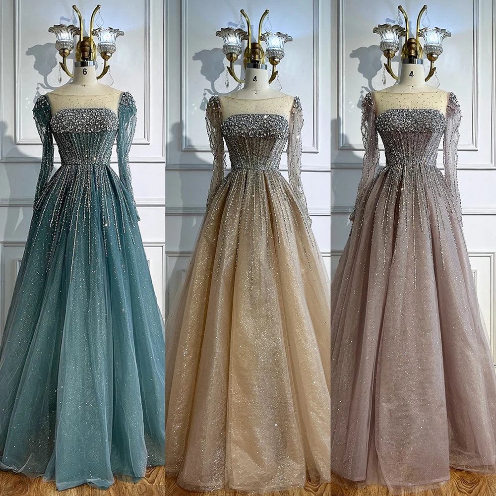 Luxury Caramel Sparkly A-Line Evening Dress with Long Sleeves LA72991 - SERENE HILL