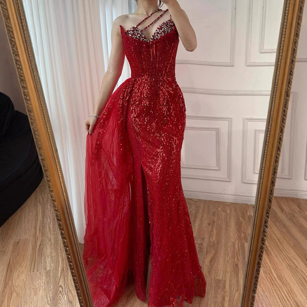 Luxury Nude Crystal Beaded One-Shoulder Evening Dress with Overskirt LA73161 - SERENE HILL
