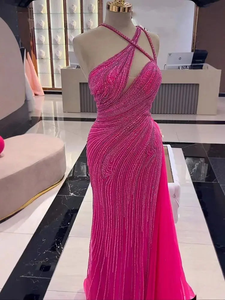 Fuchsia One Shoulder Beaded Mermaid Evening Dress with Overskirt LA73105 - SERENE HILL