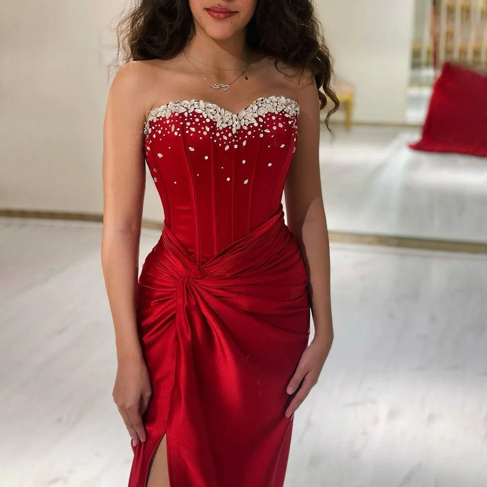 Serene Hill 2025 Arabic Wine Red Beaded Mermaid Luxury Dubai Evening Gown with Side Split for Women&