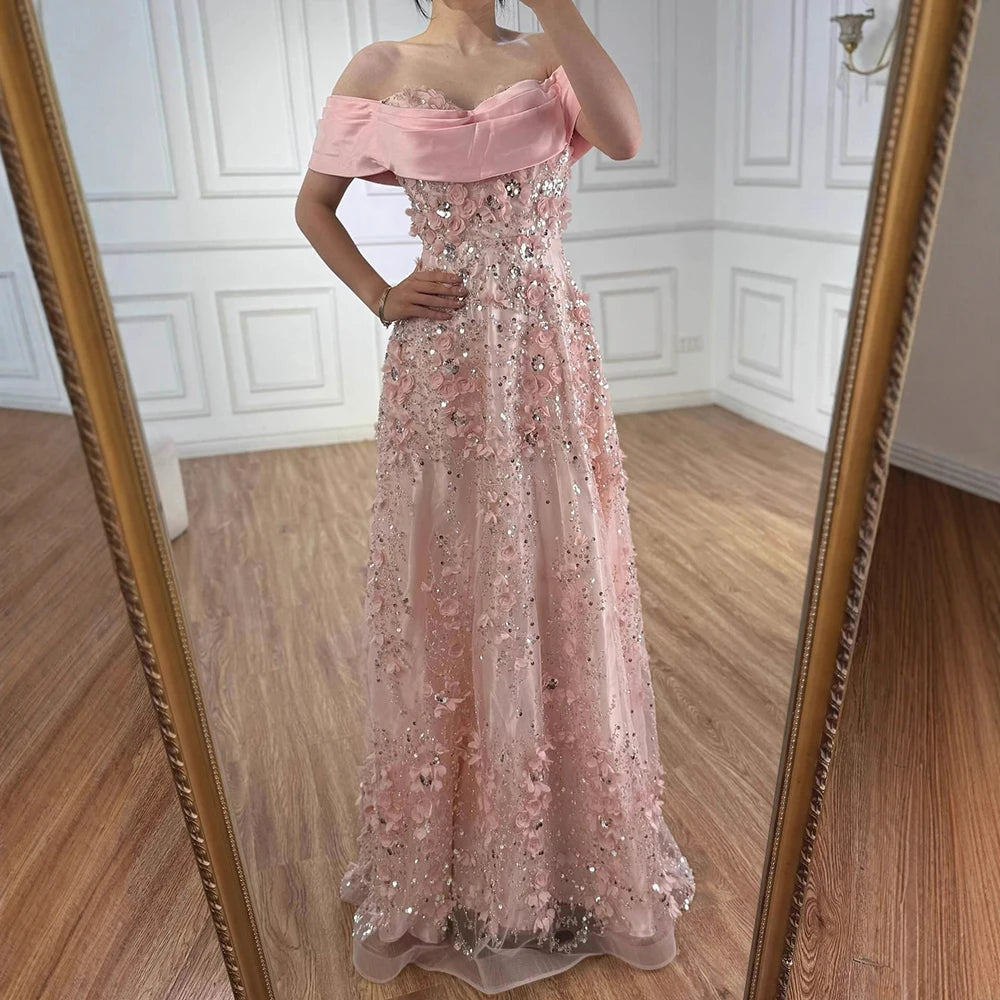 Luxury Pink A-Line Evening Dress with 3D Flowers & Beads LA73157 - SERENE HILL
