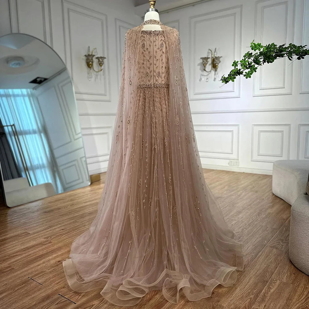 Luxury Arabic Nude Square Neck Beaded A-Line Evening Dress With Cape LA72835 - SERENE HILL