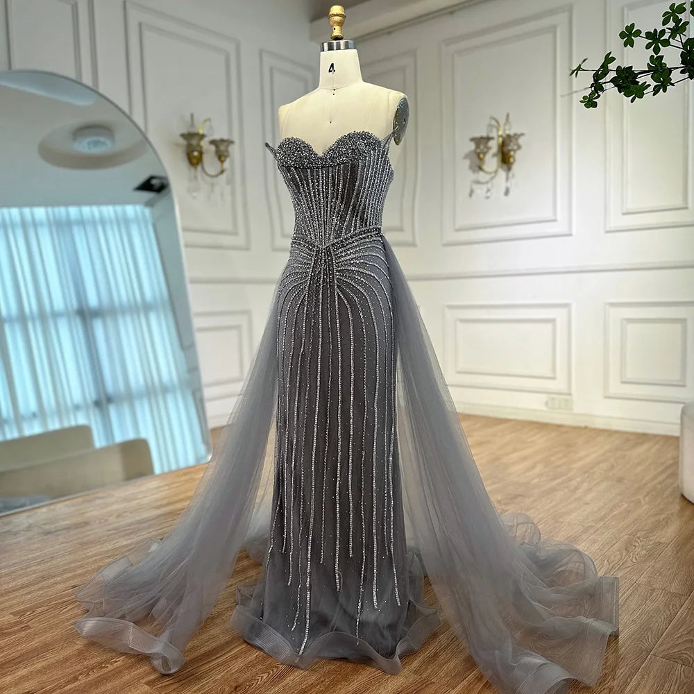 Pink Pearls Beaded Arabic Mermaid Evening Dress with Overskirt LA72811B - SERENE HILL