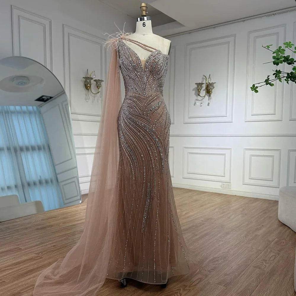 Luxury Caramel One Shoulder Beaded Mermaid Evening Dress LA72895 - SERENE HILL