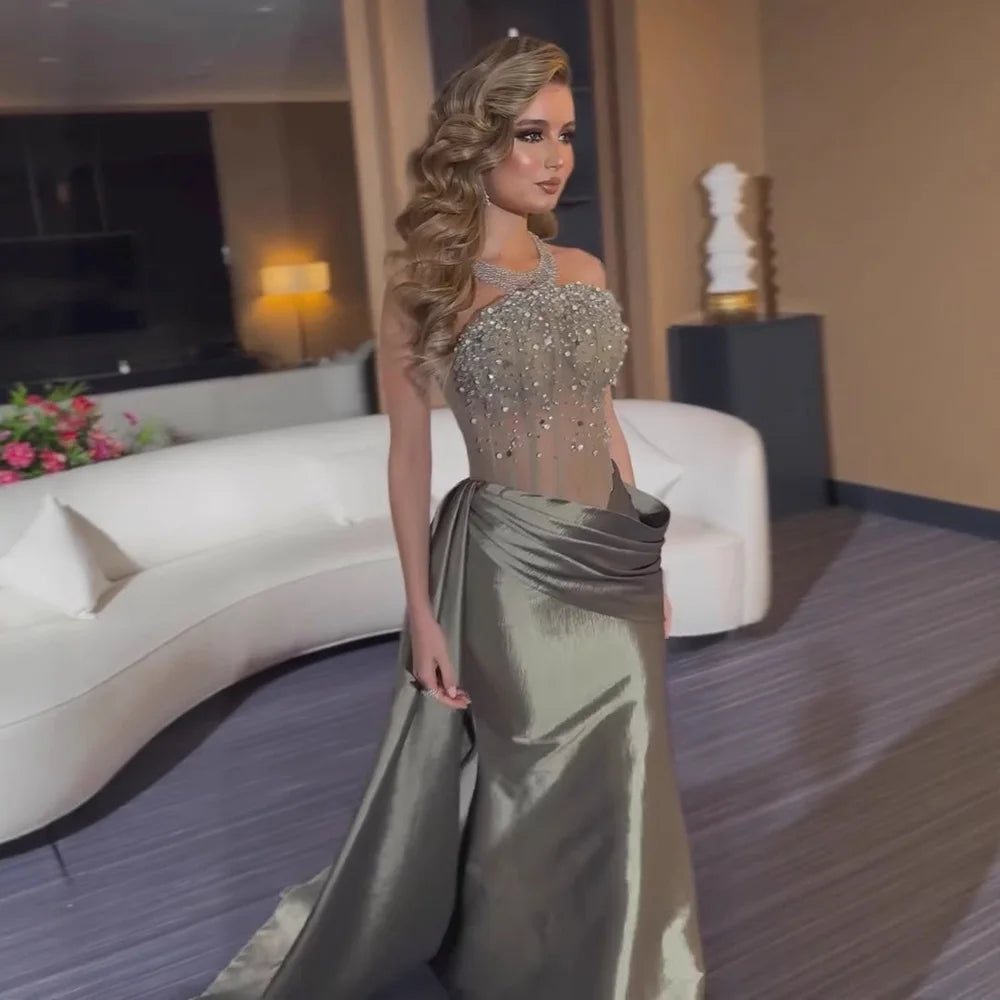 Luxury Olive Green Satin Evening Dress with Beaded Bodice LA73069 - SERENE HILL