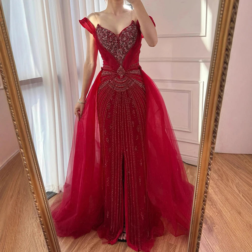 Luxury Nude Beaded Mermaid Evening Dress with Overskirt and Slit LA73034 - SERENE HILL