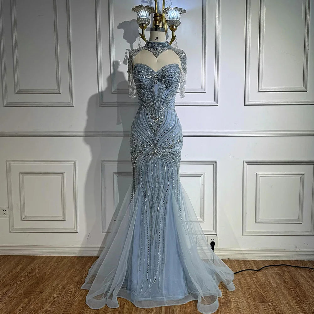 Luxury Nude Beaded High Neck Mermaid Evening Dress LA72897 - SERENE HILL