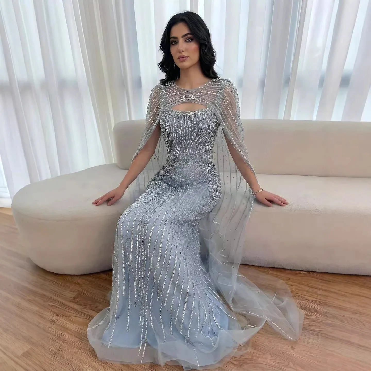 Luxury Blue Diamond Evening Dress With Cape LA73426 - SERENE HILL