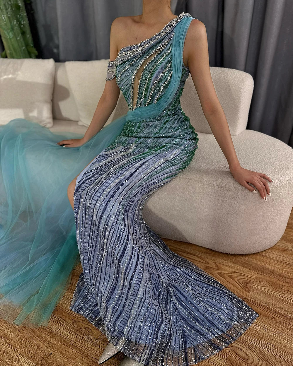 Luxury Dubai Arabic One-Shoulder High Split Blue Mermaid Gown Luxury Beaded Saudi Evening Dress for Formal Occasion LA72718 - SERENE HILL