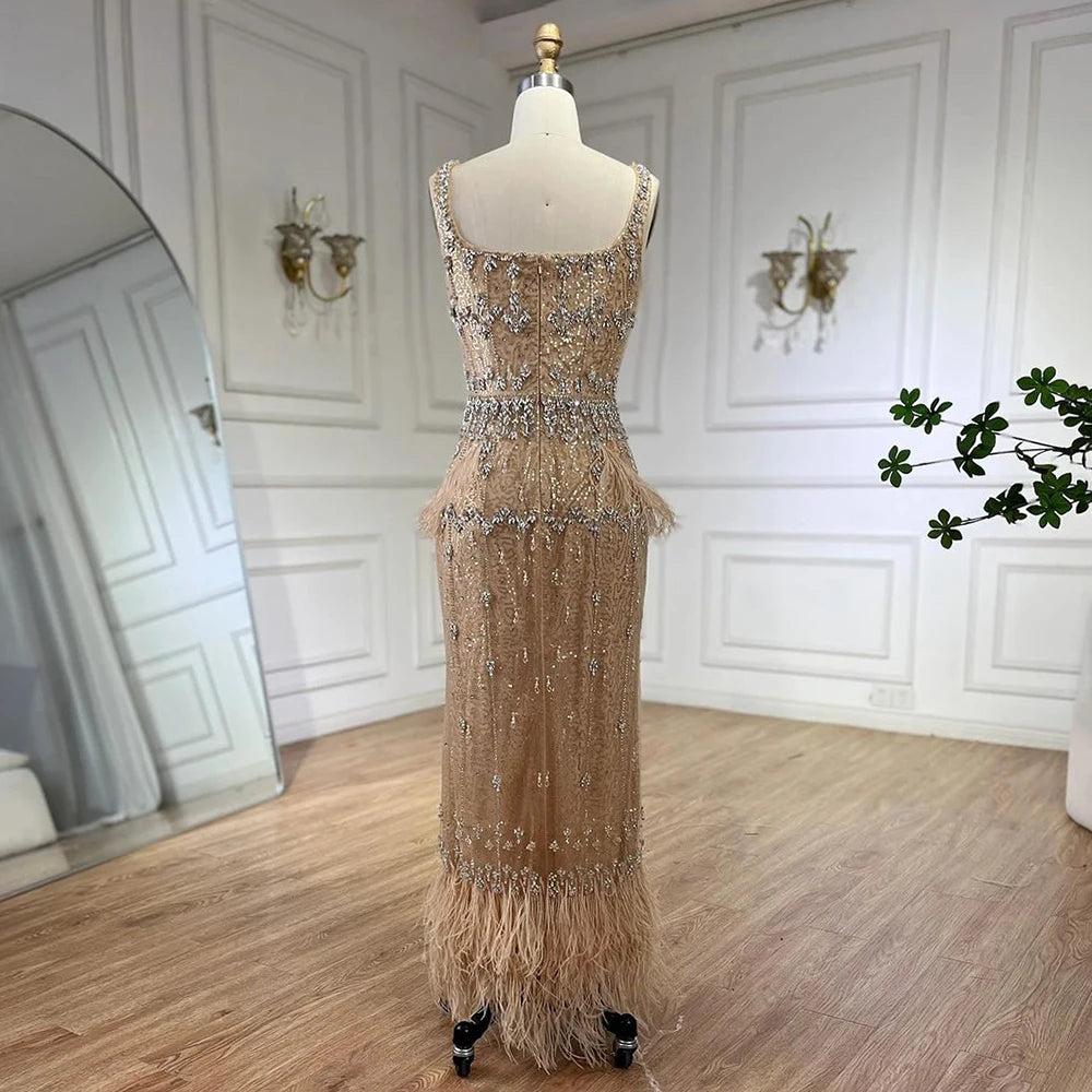 Bling Gray Mermaid Feather Arabic Midi Evening Dress with Cape LA72334 - SERENE HILL