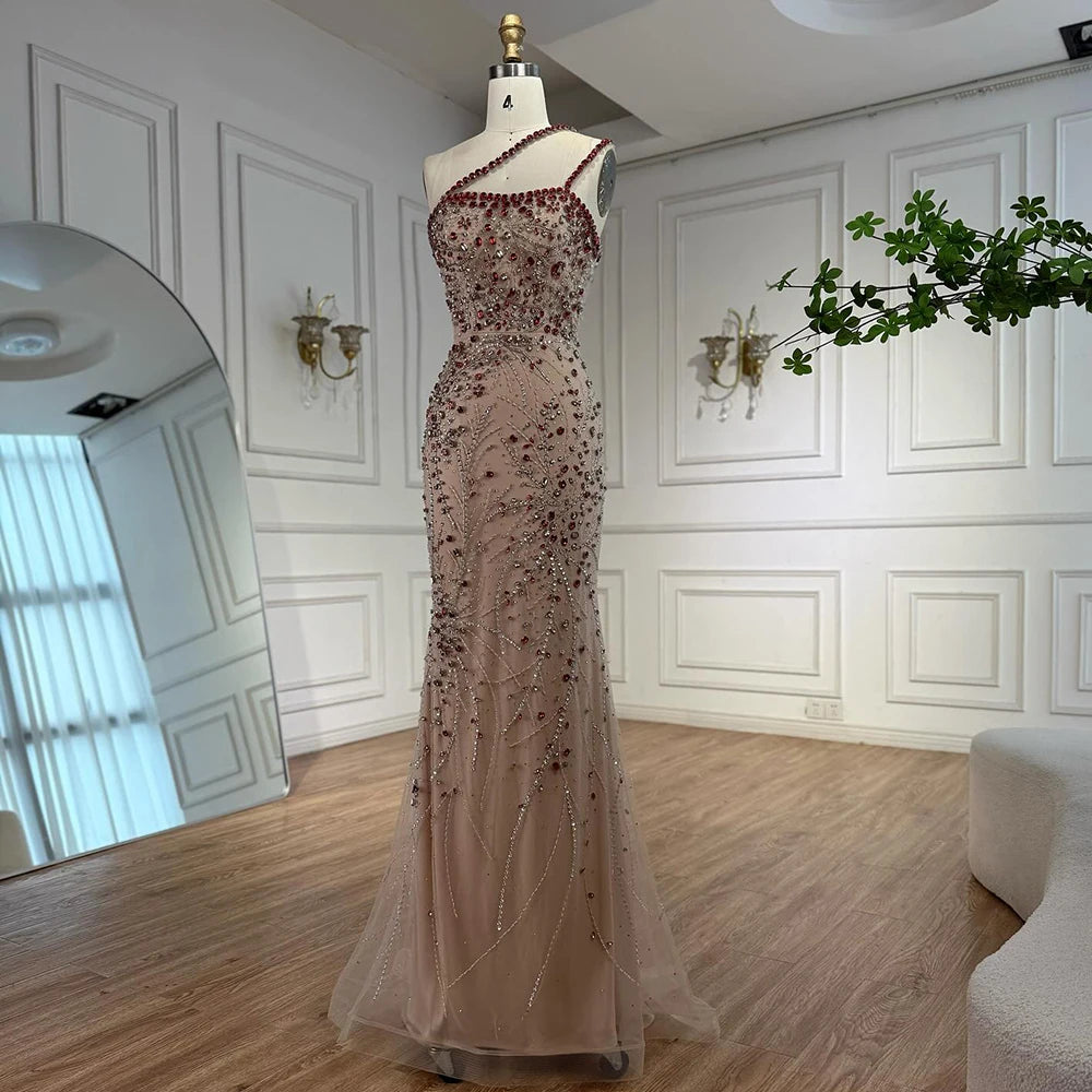 Luxury Red Saudi Arabic Crystal Beaded One Shoulder Evening Dress LA73135 - SERENE HILL