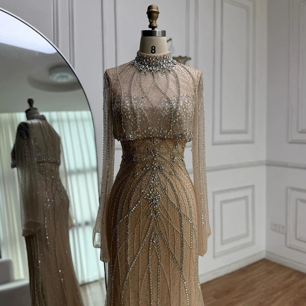 Luxury Turquoise Crystal Beaded Mermaid High Neck Long Sleeve Evening Dress LA73136 - SERENE HILL