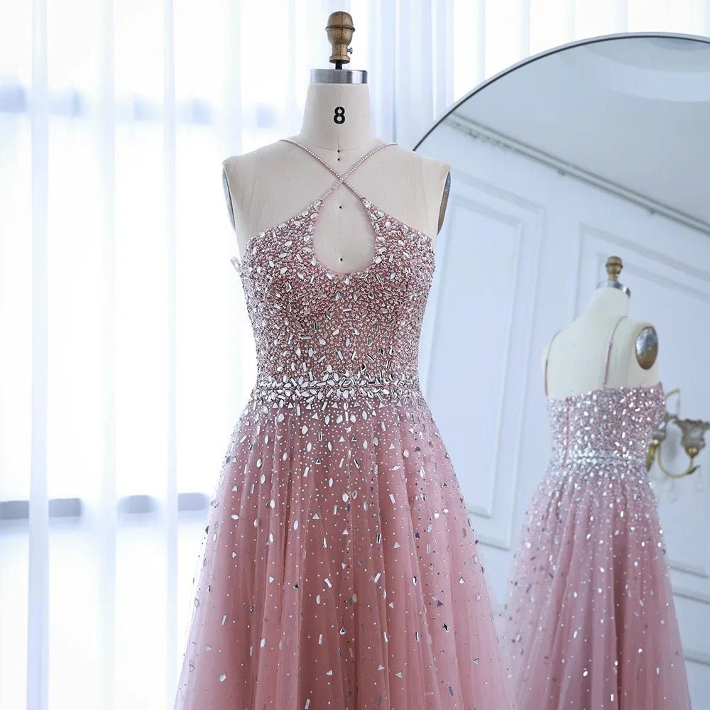 Caramel Halter Beaded Tulle A-Line Evening Gown Dubai Saudi LA72863 - SERENE HILL