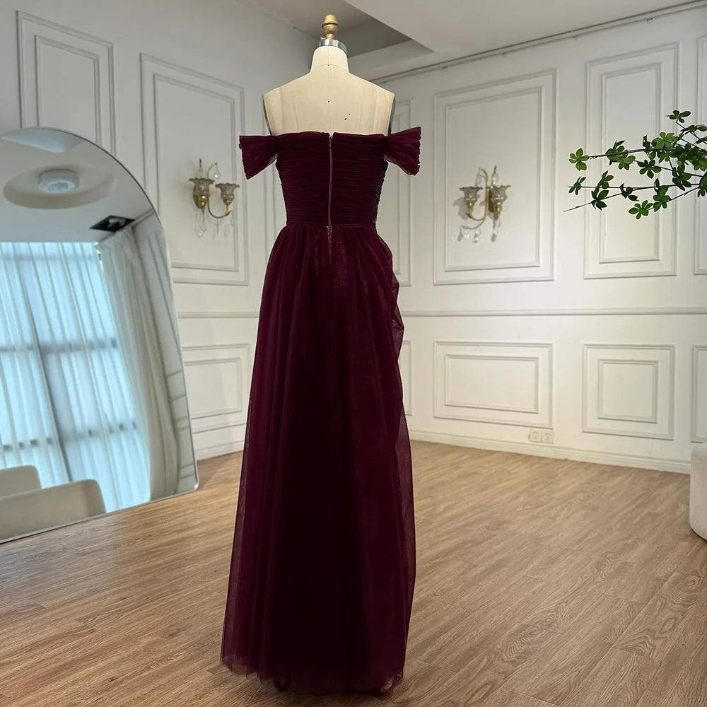 Elegant Wine Red Off Shoulder Lace Evening Dress with Appliques LA73010 - SERENE HILL