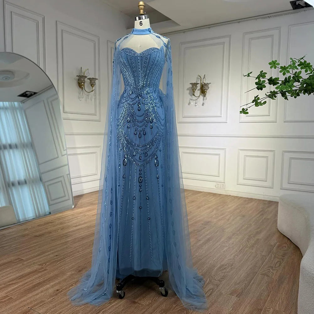 Luxury Blue Sequin Beaded Evening Dress with Cape Sleeves LA73108 - SERENE HILL