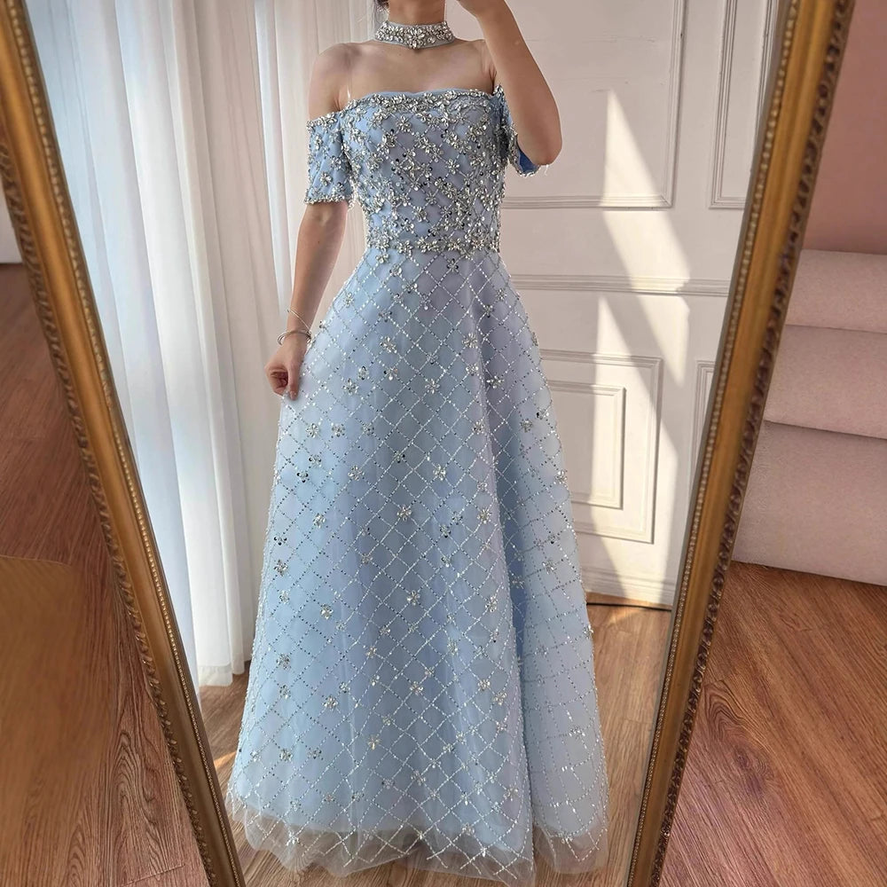 Luxury Nude Sliver Off Shoulder Beaded Crystal A-Line Evening Dress LA73122 - SERENE HILL