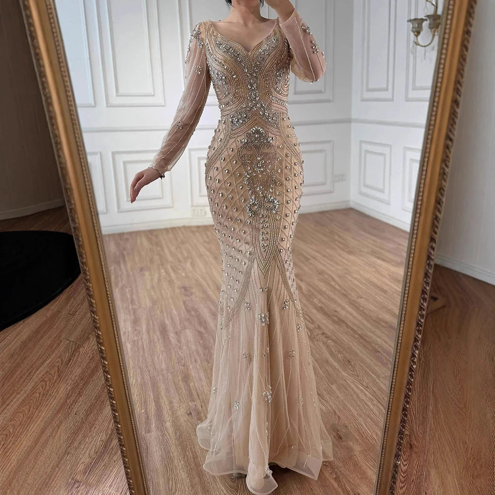 Luxury Nude Long Sleeve Beaded Mermaid Evening Dress LA73155 Nude / 16