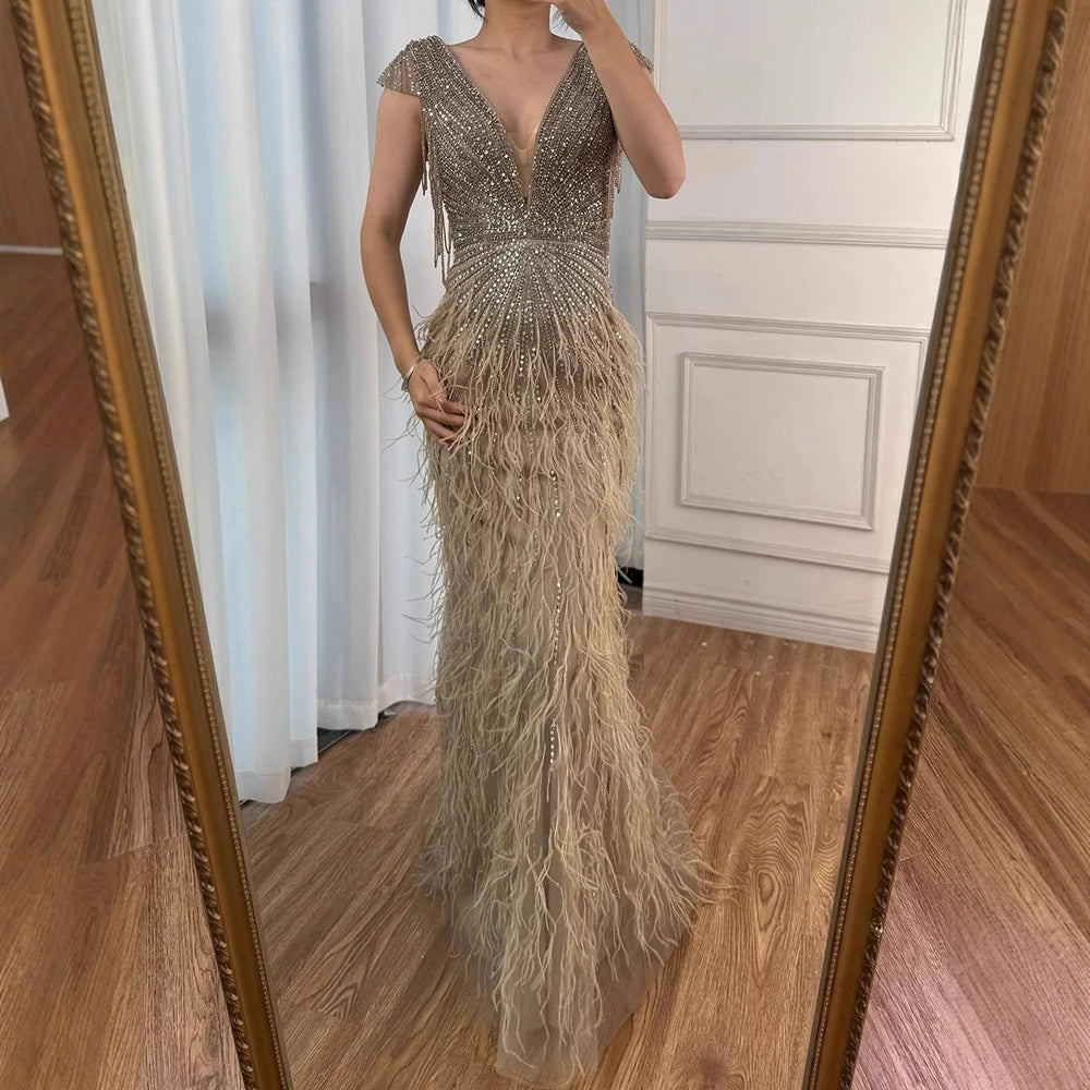 Brown Luxury Beaded Mermaid Evening Dress with Feathers LA70801 Brown / 20W