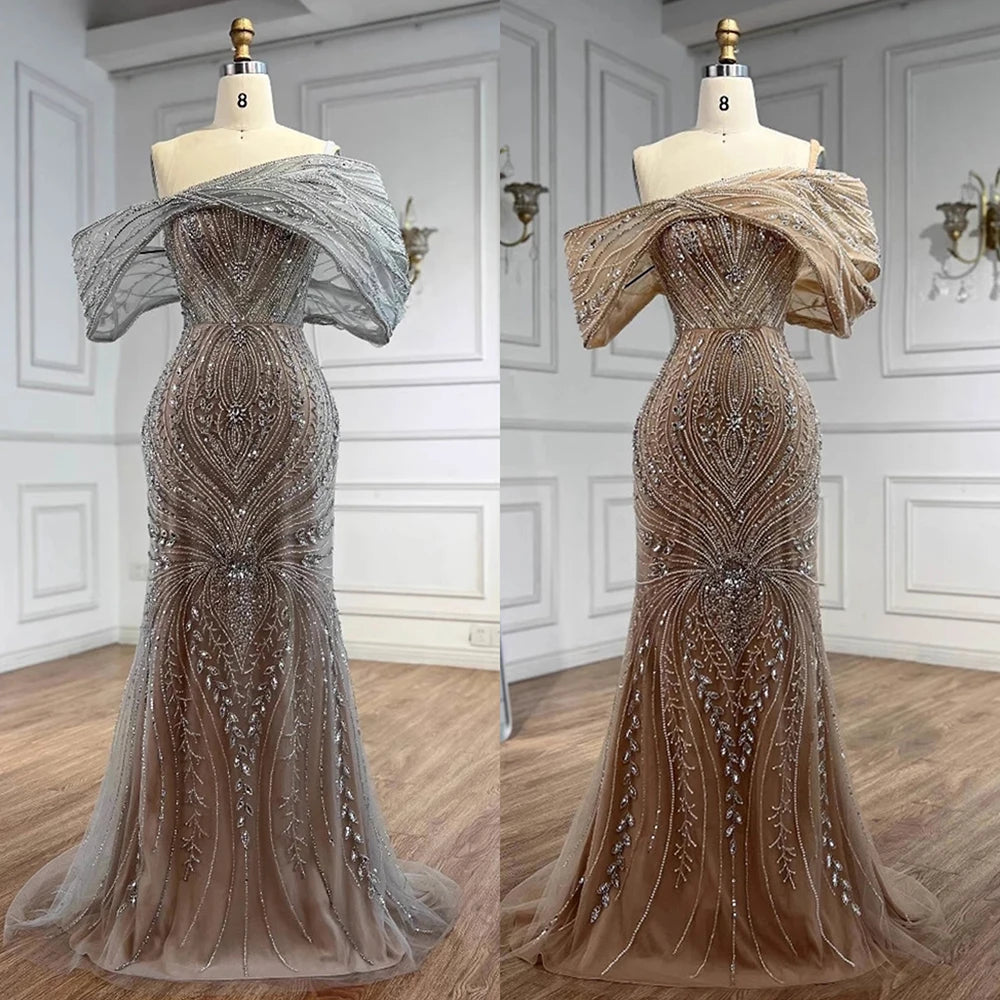 Luxury Silver Nude Off Shoulder Mermaid Evening Dress LA72878 - SERENE HILL