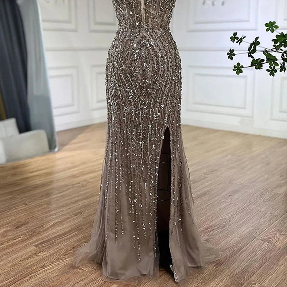 Luxury Silver Nude Beaded Evening Dress with Spaghetti Straps and High Slit LA72047C - SERENE HILL