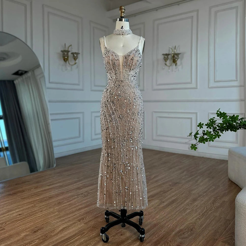 bead sequin dress White Nude Beaded Evening Dress with Spaghetti Straps LA72047D – SERENE HILL