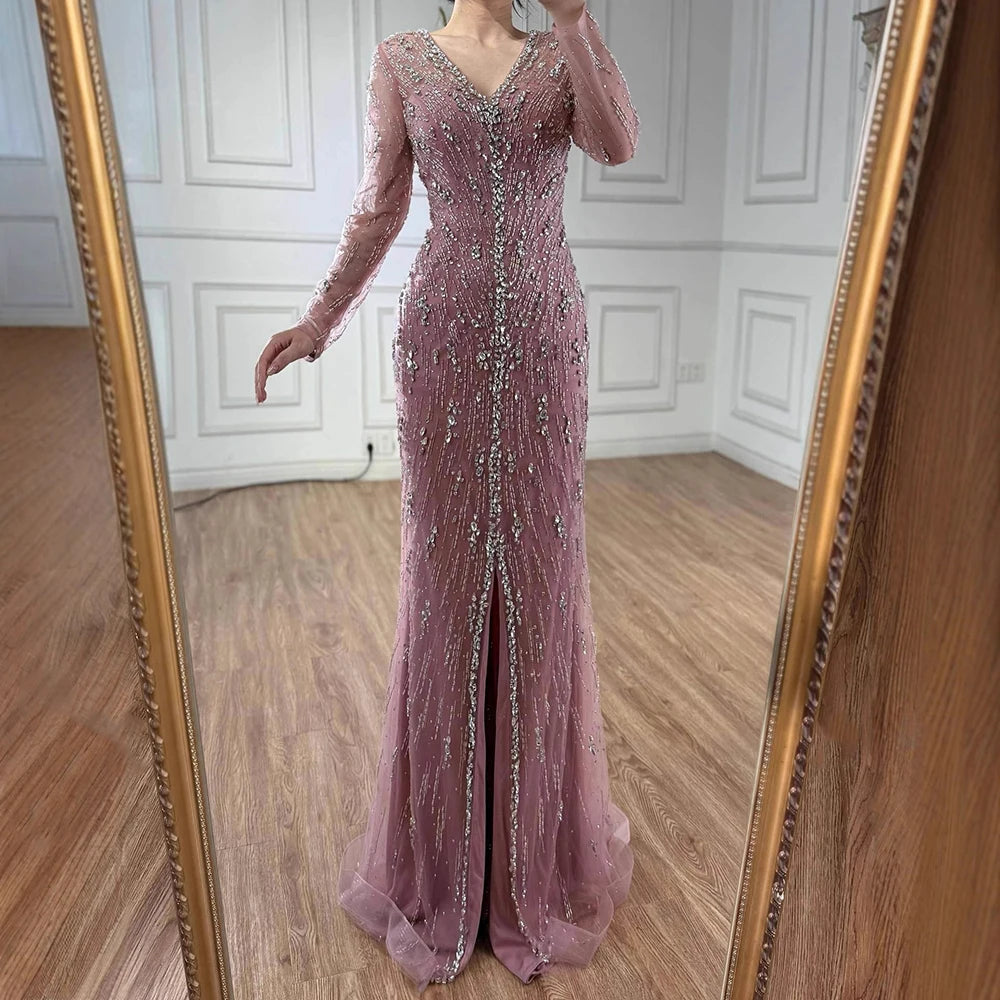 Luxury Turquoise Crystal Beaded Evening Dress Elegant Slit Gown LA73179 - SERENE HILL