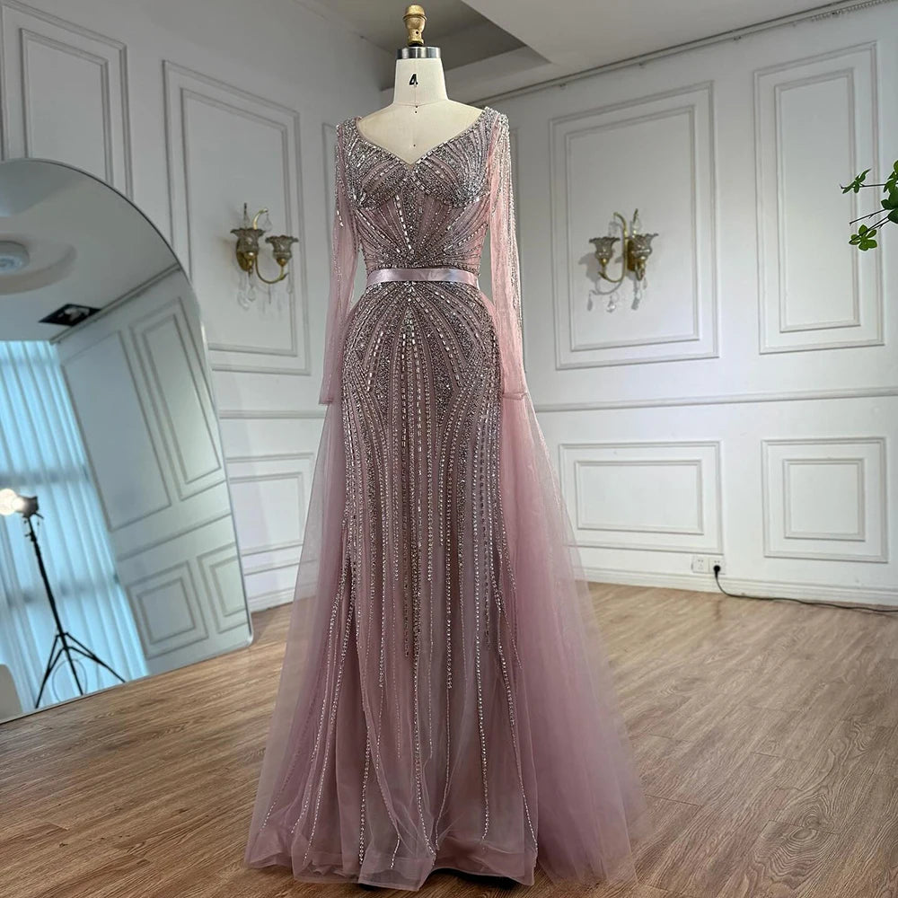 Luxury Nude Beaded Evening Dress with Detachable Overskirt LA73156 - SERENE HILL