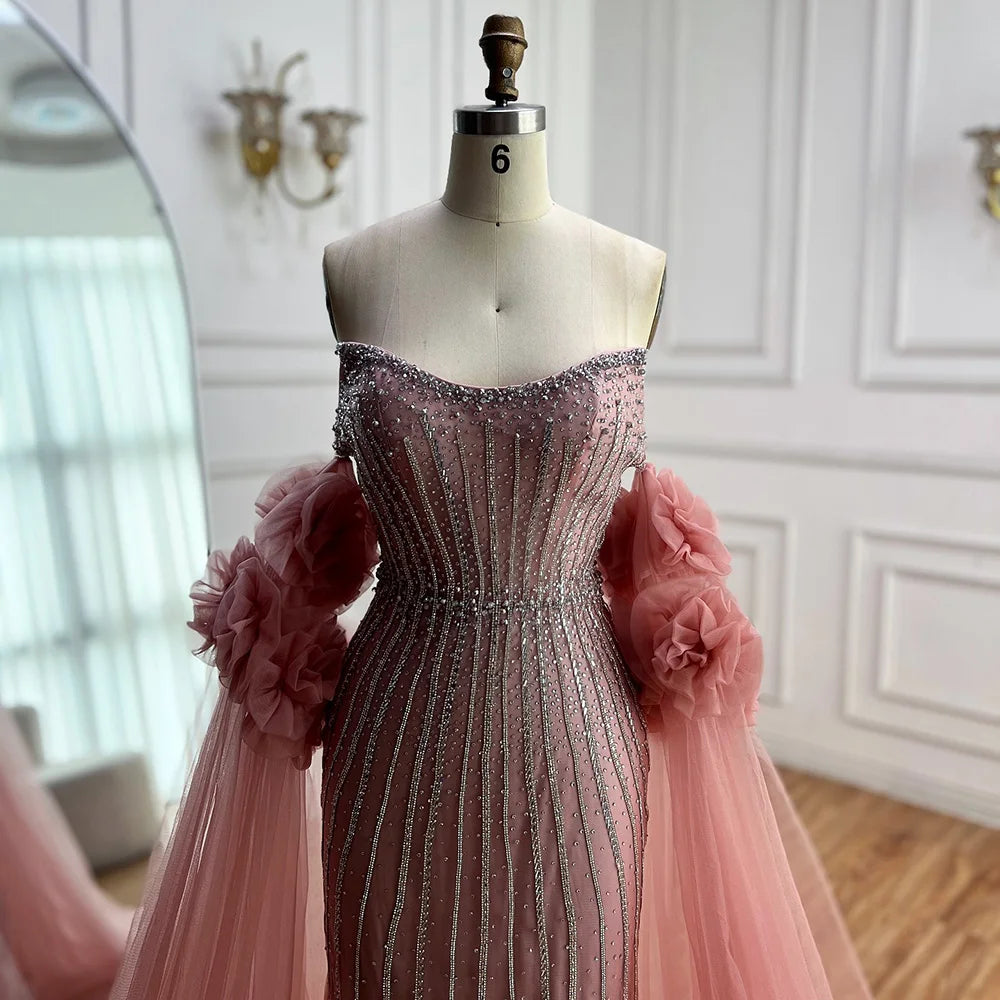 Luxury Pink Beaded Mermaid Arabic Evening Dress with Cape LA73019 - SERENE HILL